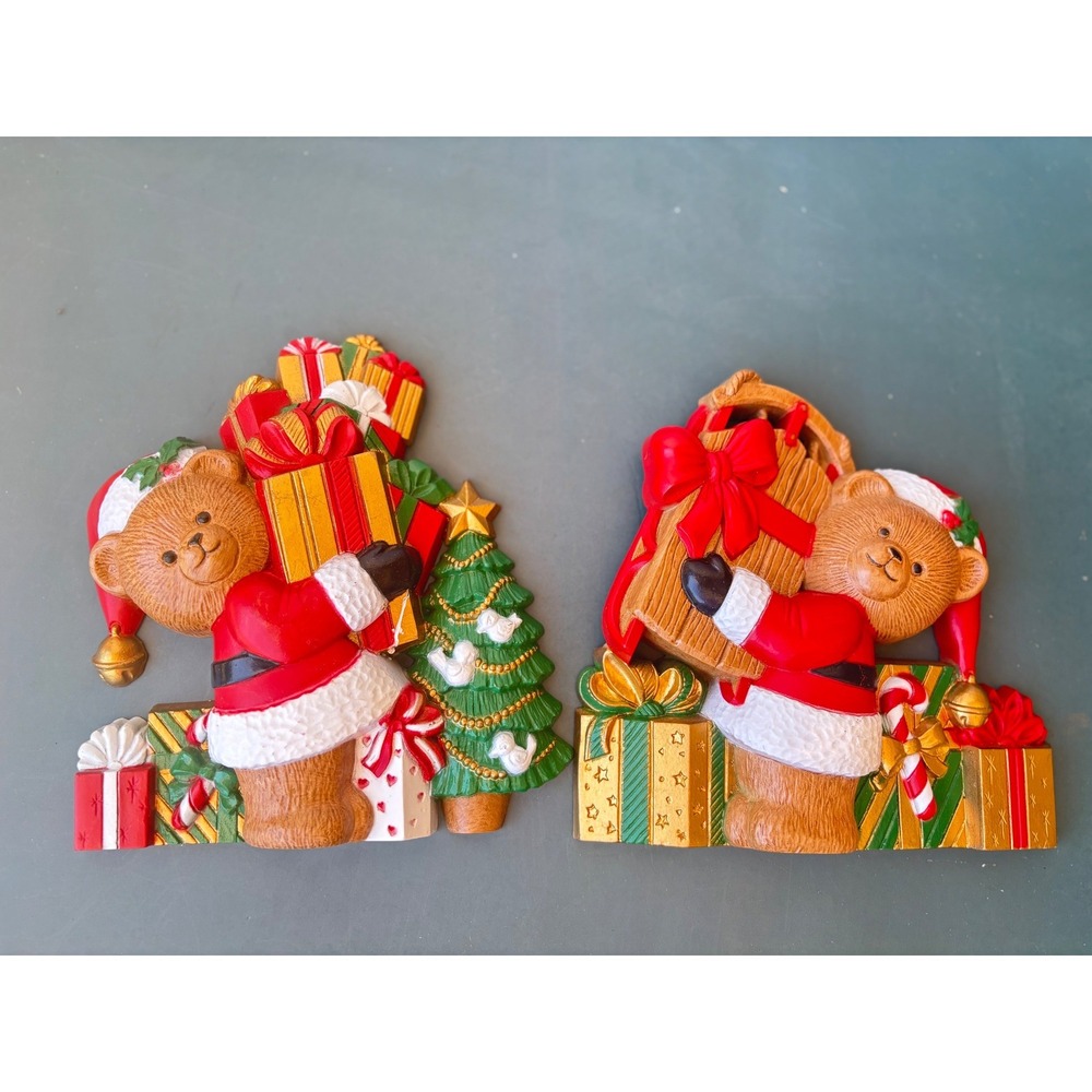 Vintage 1993 Burwood Products Christmas Teddy Bear Wall Plaques Set of 2 USA
